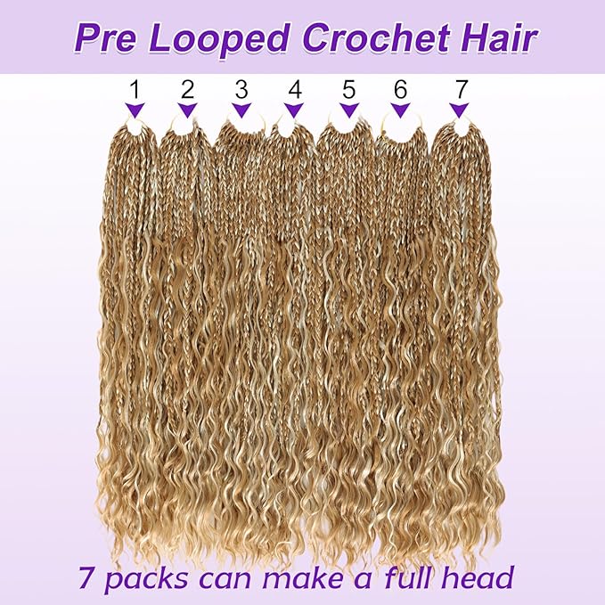 Eacia Goddess Box Braids Crochet Hair 24 Inch 7 Packs Honey Blonde Boho Box Braids Crochet Hair Extensions with Curly Ends for Women(24 Inch, P27/613#)