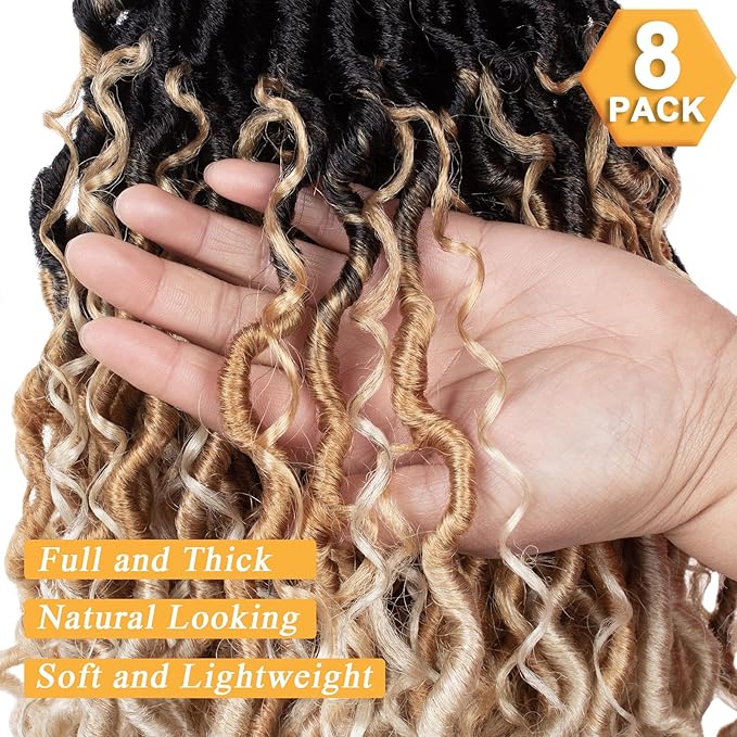 COOKOO 24 Inch 8 Packs Bohemian River Goddess Locs Crochet Hair for Black Women Boho River Locs Crochet Hair Pre Looped Goddess Faux Locs with Curly Ends Soft Crochet Locs Hair Extensions 1B/27/613#
