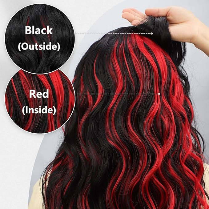 ALXNAN Clip in Long Wavy Hair Extension 24 Inch Black Red Highlights Hair Extensions 4PCS Thick Hairpieces Fiber Double Weft Hair for Women