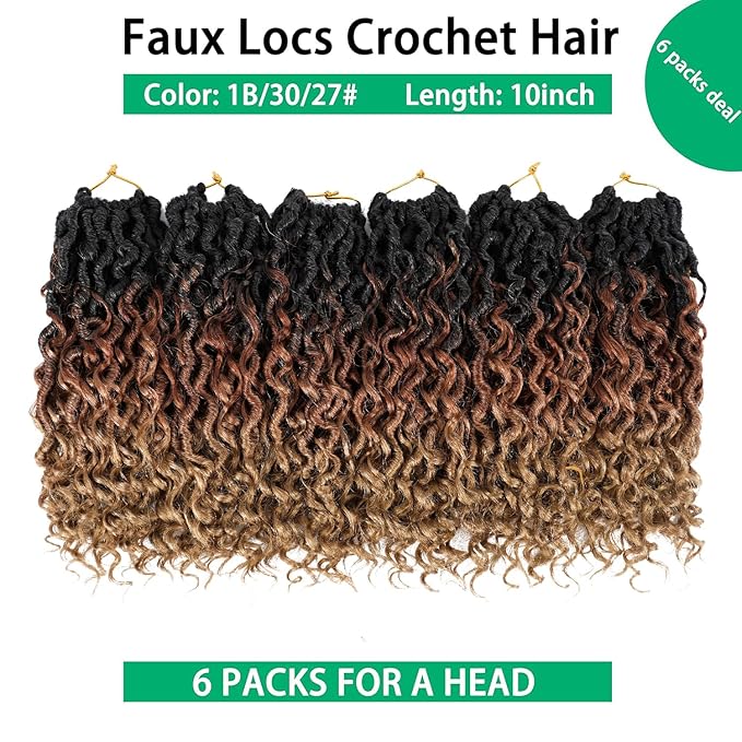 Faux Locs Crochet Hair 10 Inch Ombre Goddess Locs Curly Pre Looped Crochet Braids with Curly Ends Boho Hippie Synthetic Hair Extensions (6 packs, #1b/30/27)