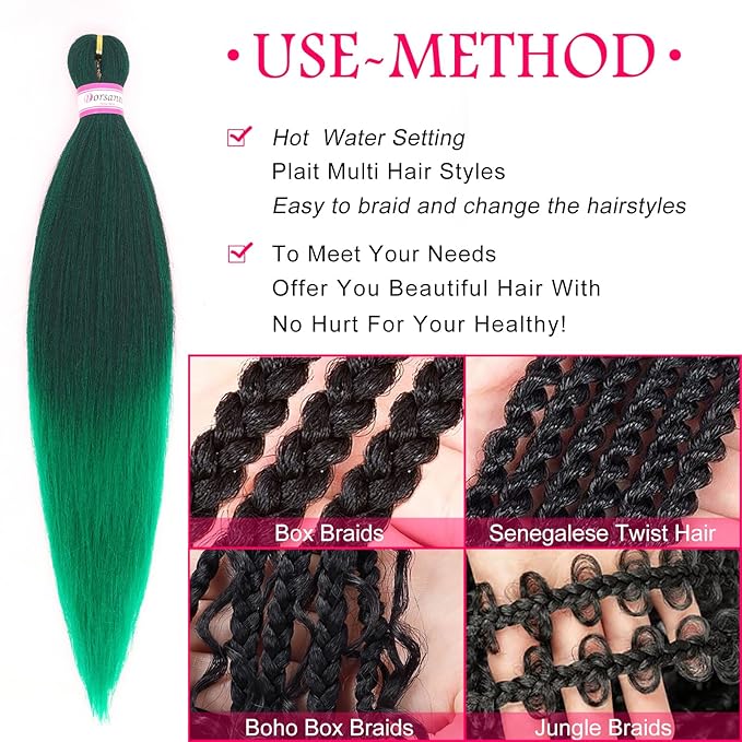 Dorsanee Braiding Hair Pre Stretched 20 Inch 8 Packs Ombre Green Braiding Hair Extensions for Crochet Box Braids Twists Locs Hair Soft Yaki Texture Hot Water Setting (20inch,#1B/Green)