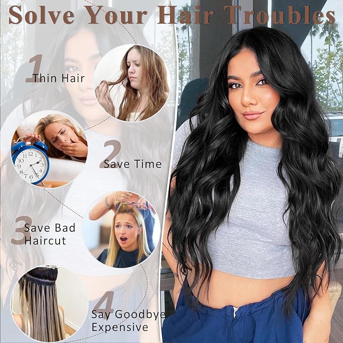 ALXNAN Clip in Hair Extension,Long Wavy Hair Extensions 20 Inch Black 4PCS Thick Hairpieces for Women