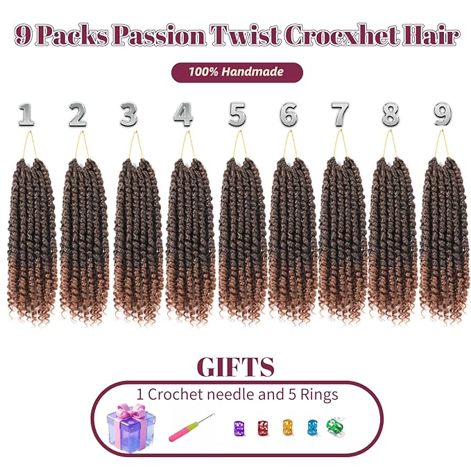 Passion Twist Hair 9 Packs Short Passion Twist Crochet Hair,Ombre Crochet Passion Twist Hair Pre-Twisted Crochet Twists Braiding Hair Extensions for Women(10 Inch,T30#)