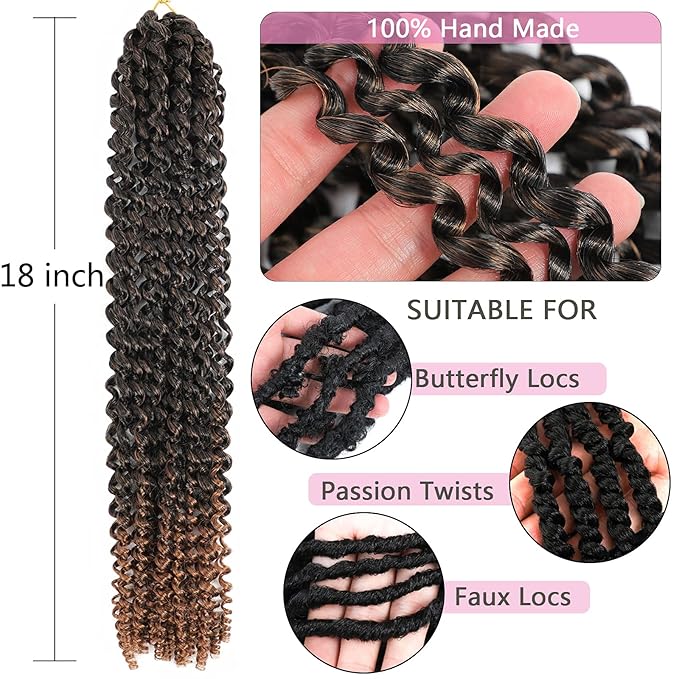 Passion Twist Hair 18 Inch 8 Packs Passion Twist Crochet Hair For Women Curly Braiding Hair For Butterfly Locs Long Bohemian Synthetic Hair Extension (18 Inch (Pack of 8), T30)