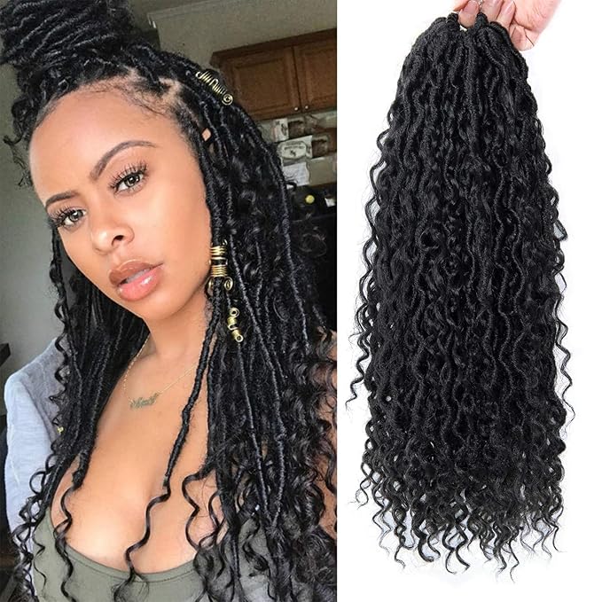 Goddess Locs Crochet Hair 18Inch Boho Faux Locs With Curly Ends River Hippie Loc Crochet Hair Pre Looped Bohemian Crochet Braids for Black Women 4Packs(1B, 18inch)