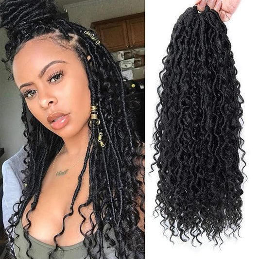 Goddess Locs Crochet Hair 18Inch Boho Faux Locs With Curly Ends River Hippie Loc Crochet Hair Pre Looped Bohemian Crochet Braids for Black Women 4Packs(1B, 18inch)