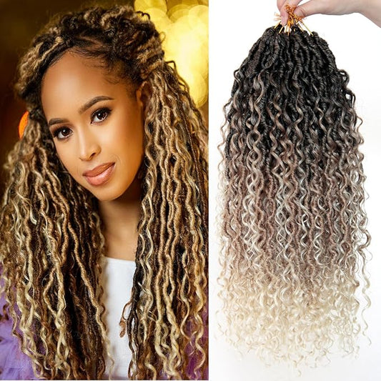 Goddess Locs Crochet Hair 18Inch Boho Faux Locs,Mix Blonde Crochet Locs With Curly Ends River Hippie Locs Bohemian Locs Crochet Hair 4Packs (1B/27/613, 18inch(Pack of 4))