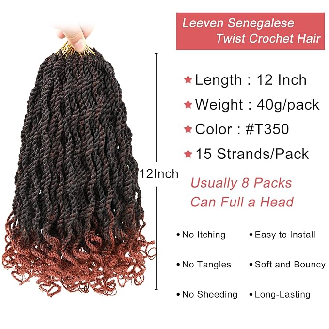 Leeven 12 Inch Senegalese Twist Crochet Hair with Curly Ends 8 Packs Ombre Copper Red Pre Looped Short Wavy Crochet Braids for Kids Women Ginger Pre Twist Small Hanava Twist Synthetic Braiding Hair