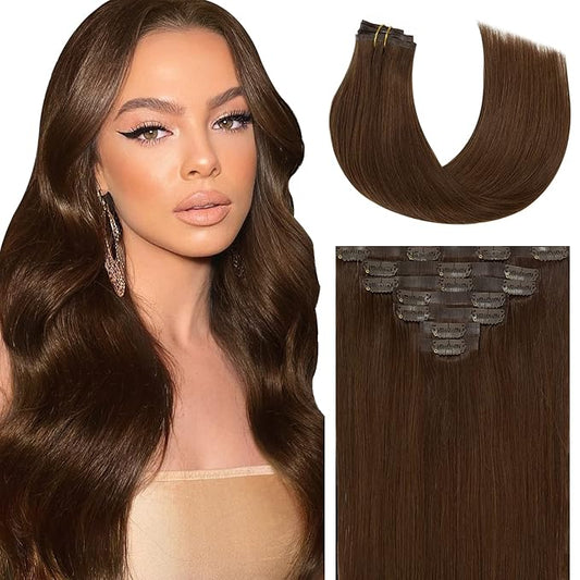 Caliee Chocolate Brown Clip in Hair Extensions Real Human Hair 7Pcs 16Inch 110G Seamless Clip in Hair Extensions Virgin Human Hair Thick Soft Silky Straight