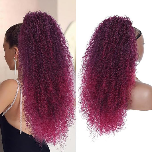 27 Inch Drawstring Ponytail Extension for Black Women Deep Curly Ponytail Extension Synthetic Mixed with Human Hair Hairpieces Afro Kinky Curly Pony Tail for Daily Use (Purple Mixed Red)