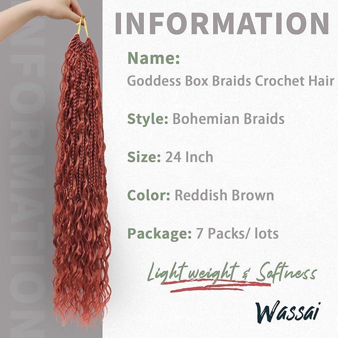 Reddish Brown Goddess Box Braids Crochet Hair 24 Inch 7 Packs Boho Crochet Braids Pre Looped Bohemian Gypsy Braids Crochet Hair for Women Braiding Hair Extensions