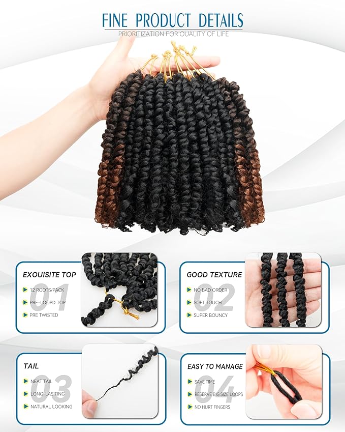 Passion Twist Crochet Hair-Mixed Color Combo Pack(6 packs 1B+2 packs T1B/30),Pre-twisted Pre Looped Short Super Soft Synthetic Braided Hair Extensions For Black Women and Kid(6"-8 Packs,1B+T30)