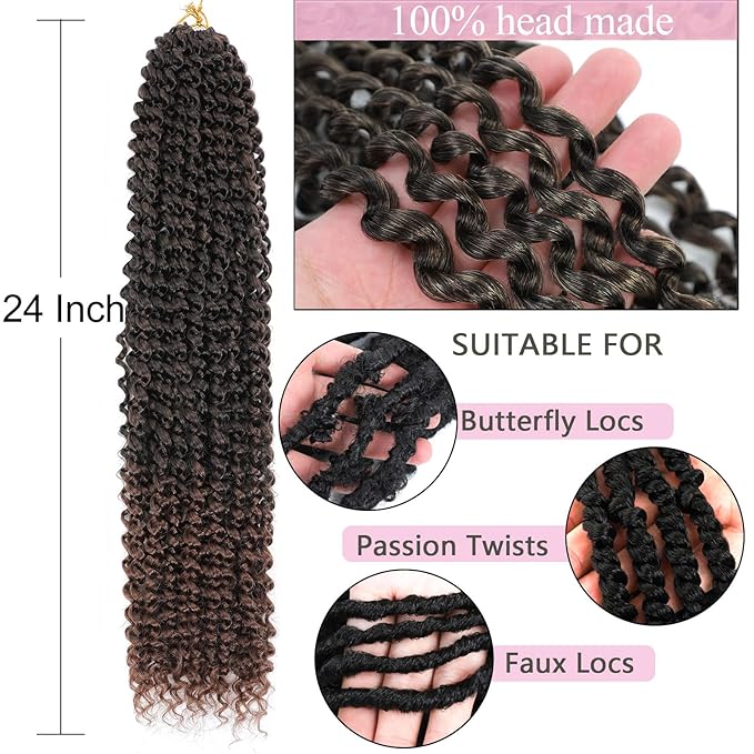 Alrence Passion Twist Hair 24 Inch 8 Packs Water Wave Crochet Hair Curly Braiding Hair For Butterfly Locs Long Bohe Crochet Braids (24 Inch (Pack of 8), 1B/33)