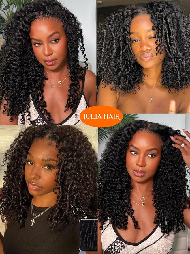 Julia Hair V Part Wig Human Hair Curly Wig with Finger Coil Ends Glueless V Shape Wig Afro Curly Wigs with Drawstring Upgrade U Part No Leave Out Half Wig For Women Natural Scalp 16 Inch