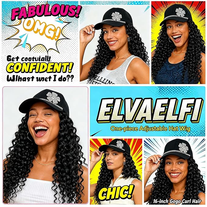 Hat Wig 16-Inch Gogo Curl Crochet Hair Extensions, Black Deep Wave Afro Curly Wigs for Black Women