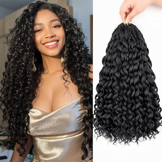 Gogo Curl Crochet Hair Protein Fiber Close to Human Hair 18 Inch 7 Packs Pre looped Water Wave Crochet Hair Deep Twist Synthetic Braiding Hair for Women (1B, 18Inch)