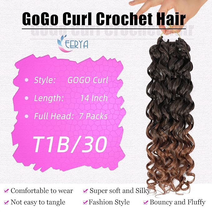 7 Packs GoGo Curl Crochet Hair 14 Inch Short Curly Crochet Hair for Women Beach Curl Water Wave Deep Twist Crochet Braids Synthetic Braiding Hair Extensions (14 Inch, T1B/30)