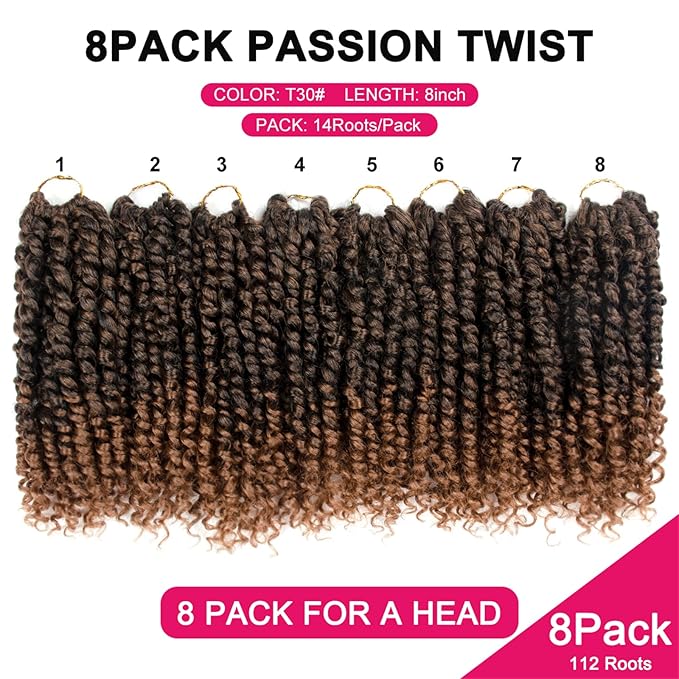 Passion Twist Hair - 8 Packs 8 Inch Passion Twist Crochet Hair For Women, Crochet Pretwisted Curly Hair Passion Twists Synthetic Braiding Hair Extensions(8 Inch 8 Packs, T30)