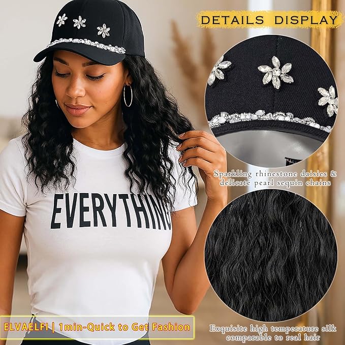 14-Inch Curly Hat Wigs for Women, Synthetic Water Wave Black Hair Wig, Baseball Cap with Hair Extensions