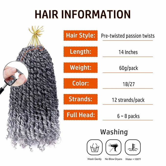 Passion Twist Hair 14 Inch Pre-twisted Passion Twist Crochet Hair for Women Pre-looped Water Wave Crochet Braids Bohemian Curly Crochet Hair Synthetic Hair Extensions 8 packs 1B/Gray