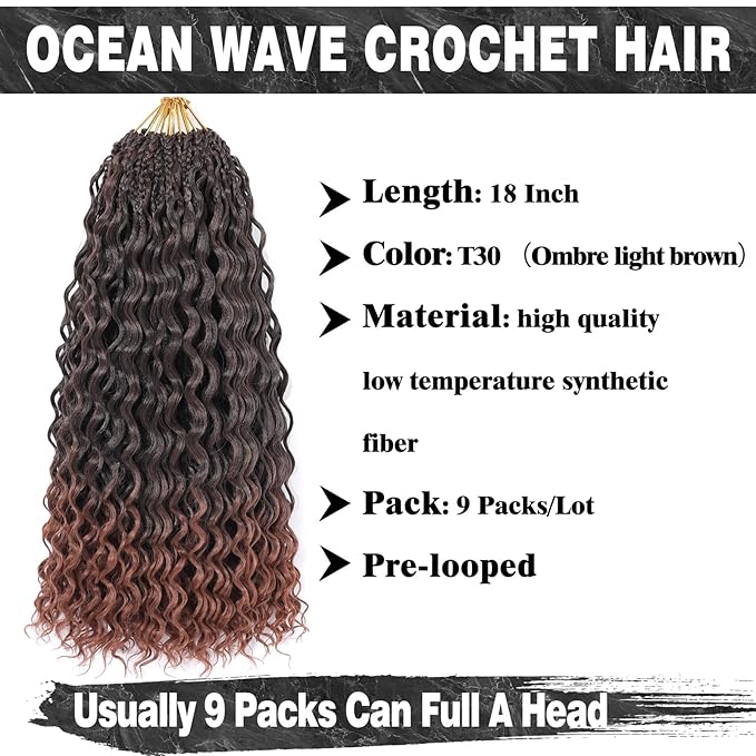 18 Inch Ocean Wave Crochet Hair Curly Deep Wave Crochet Hair for Black Women 9 Packs Short Braiding Hair Pre Looped Synthetic Hair Extensions (T30)
