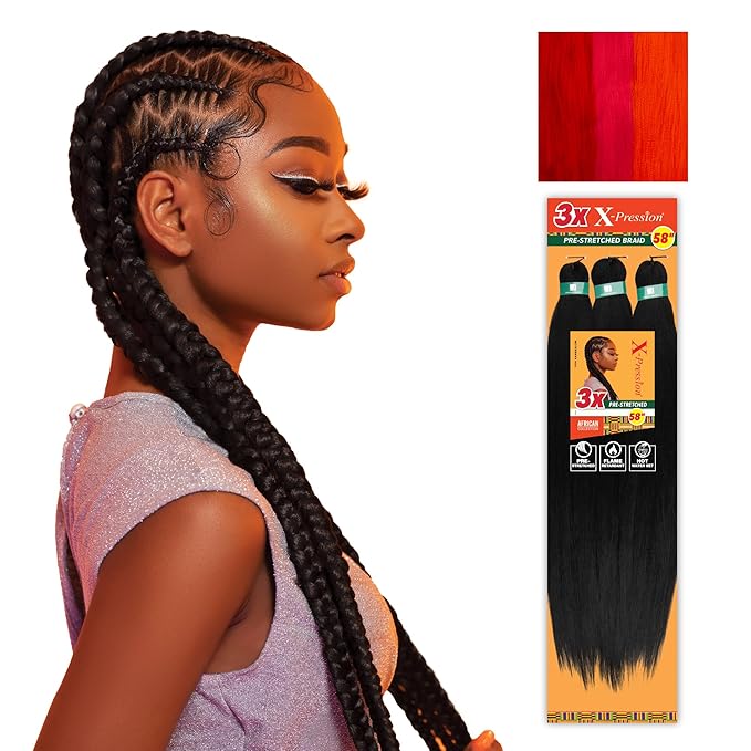Sensationnel X-pression prestretched braiding hair - 3x braid 58 inch all kanekalon flame retardant synthetic braid for box braids and twists (1 pack, APPLERED/FIRERED/NRED)