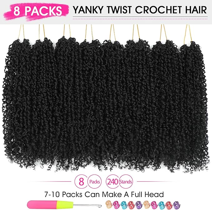 NAYOO 12 Inch Yanky Twist Crochet Hair - 8 Packs (30 Stands/Pack) Mini Passion Twist with Curly Ends Synthetic Black Pre-Looped Crochet Braids Braiding Hair (12 Inch, 1B)