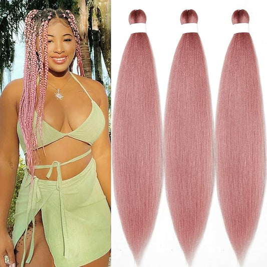 Pre Stretched Braiding Hair Kanekalo Rose Gold Pink Braiding Hair Pre Stretched Colored Hair Extensions for Braiding Box Braids Crochet Hair Knotless Prestretched Braiding Hair 26 inch
