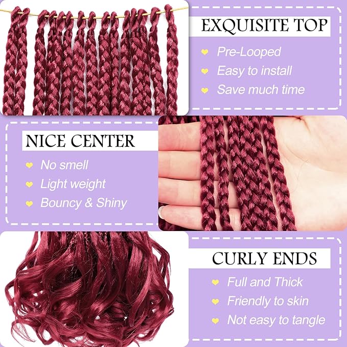 Burgundy French Curly Braiding Hair 18 Inch 8 Packs Red Crochet Box Braids with Curly Ends Pre-looped French Curl Crochet Hair for Women Synthetic Hair Extensions BUG#