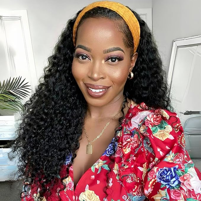 Curly Headband Wig Human Hair 18 inch Machine Made Wigs Glueless Deep Wave Headband Wigs for Black Women Human Hair Water Wave Natural Color