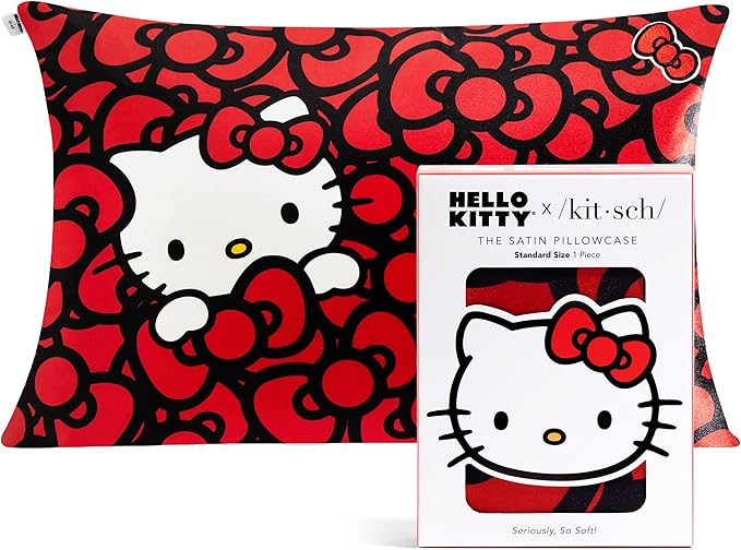 Kitsch x Hello Kitty Pillow Case – Sea of Bows Toddler Bed Time Satin Pillowcase with Zipper – Soft Cooling Pillow Cover for Hair & Skin – Better Than Silk Pillowcase – Queen/Standard 19x26