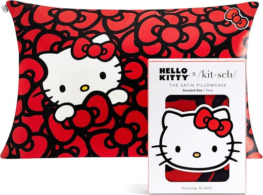 Kitsch x Hello Kitty Pillow Case – Sea of Bows Toddler Bed Time Satin Pillowcase with Zipper – Soft Cooling Pillow Cover for Hair & Skin – Better Than Silk Pillowcase – Queen/Standard 19x26