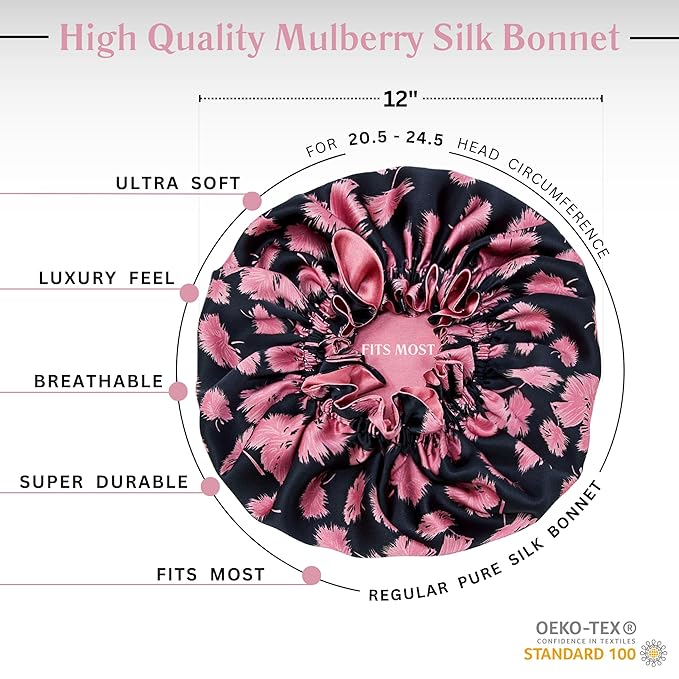 100% Mulberry Silk Bonnet for Women – Handmade in USA, 19 Momme Double-Layer Reversible Hair Wrap, Non-Slip Sleep Cap for Curly & Natural Hair, Luxury Hair Protection (Vintage Pink)