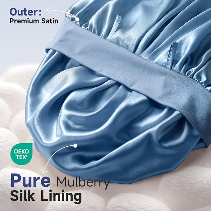 Umisleep Silk Bonnet, Soft Hair Bonnet for Sleeping, Real Mulberry Silk Lining, Bonnets for Women Hair Care, Double Layer Hair Cap with Tie, Large Silk Hair Wrap for Curly Long Hair, Blue