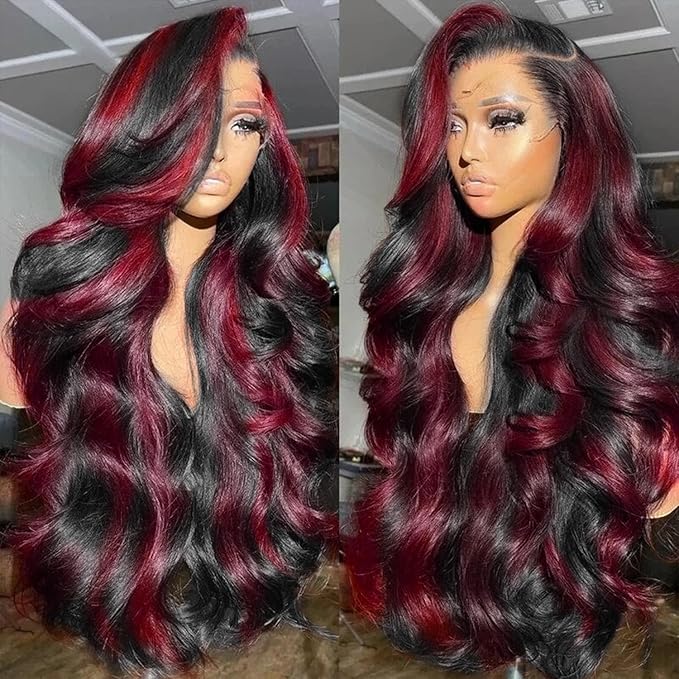 MEGOOD 99j Burgundy Lace Front Wigs Human Hair Pre Plucked 250 Density 13x6 Highlight Burgundy Wig Human Hair for Women HD Transparent 13x6 Body Wave Lace Frontal Wigs Glueless Wine Red Wig 28 Inch