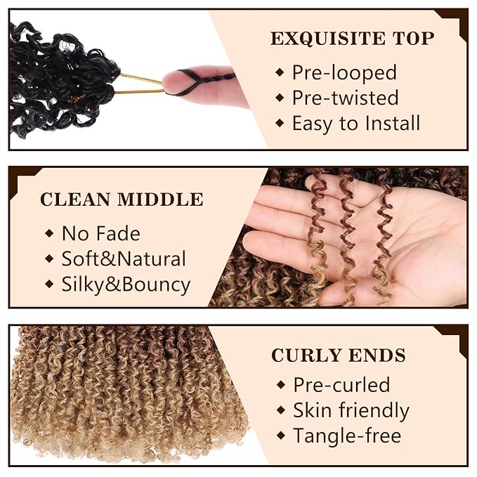 COOKOO 14 Inch Pre-twisted Yanky Twist Crochet Hair with Curly Ends 8 Packs Fluffy Passion Twist Synthetic Braids Pre-looped Senegalese Twist Hair Goddess Crochet Twist Hair for Women 1B/30/27#