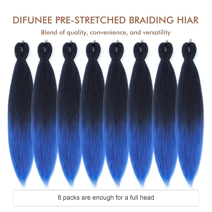 Pre-stretched Braiding Hair - 30 Inch 8 Packs Ombre Blue Braiding Hair For Twist or Box Braids, Yaki Texture Hot Water Setting Synthetic Super Long Braiding Hair (30 Inch, T-Blue-8P)