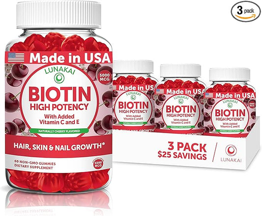 Lunakai USA Made Biotin Gummies 5000mcg with Vitamin C & E - Delicious Hair Skin Nails Vitamins for Women, Non-GMO, Hair Growth Supplement - 3 Pack
