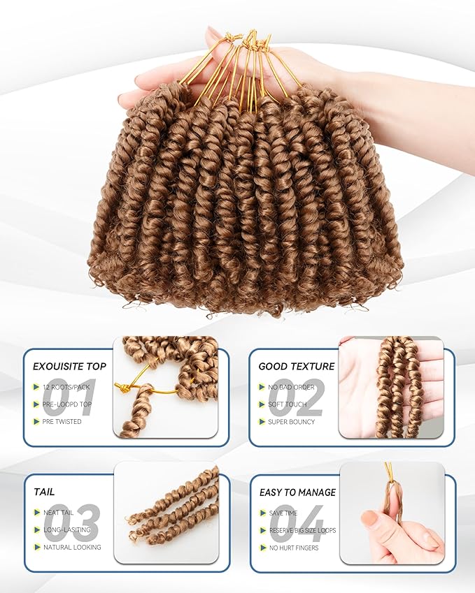 Short Passion Twist Crochet Hair for Black Women and Kids,Pre-Twisted Pre Looped Passion Twist Hair,4 Inch 8 Packs Blonde Short Bob Spring Twist Bohemian Braids Hair Extensions(4"-8P,27#)