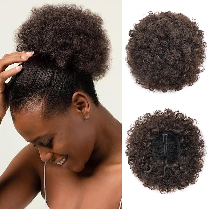 AISI QUEENS Afro Puff Drawstring Ponytail Synthetic Short Afro Kinkys Curly Afro Bun Extension Medium Brown Hair Extensions for Women Girls (4#)