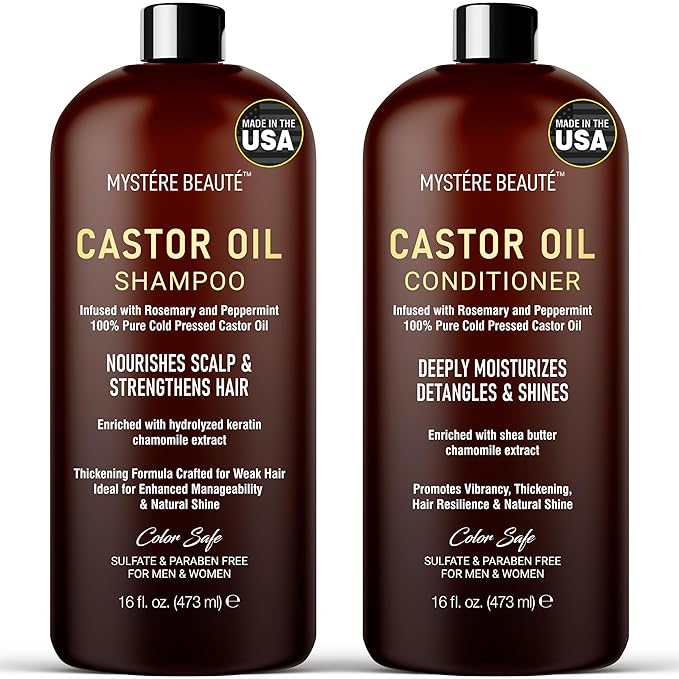 Castor Oil Shampoo and Conditioner - Sulfate Free with Peppermint Oil, Lavender and Rosemary - Castor Oil Shampoo for Hair Growth - Hydrating and Nourishing - 16 oz each