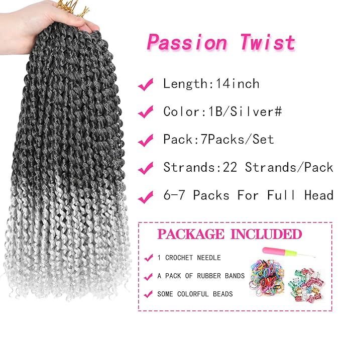 Ubeleco 14 Inch Ombre Silver Passion Twist Hair, Short Water Wave Crochet Hair for Passion Twist Crochet Hair Bohemian Synthetic Curly Braiding Hair Extensions (14 Inch (Pack of 7),1B/Gray)