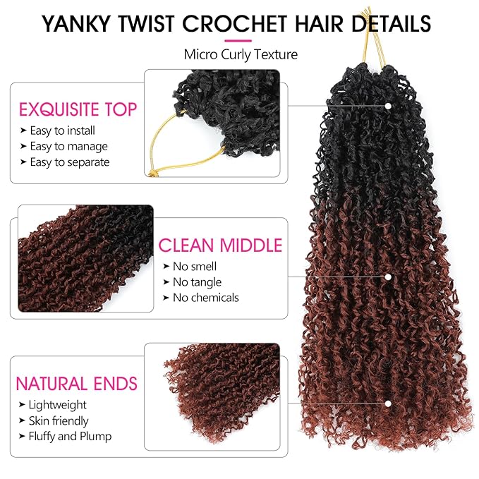 NAYOO 12 Inch Yanky Twist Crochet Hair - 8 Packs (30 Stands/Pack) Mini Passion Twist with Curly Ends Synthetic Pre-Looped Crochet Braids Braiding Hair(12 Inch, T350)