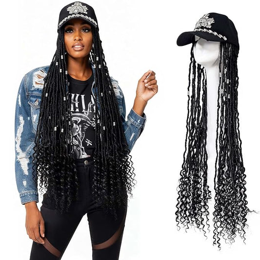 Wig Hat 30-Inch Soft Locs Crochet Hair Curly Ends,Faux Nu Locs Synthetic Hair,Cap w/Black Long Wigs for Women