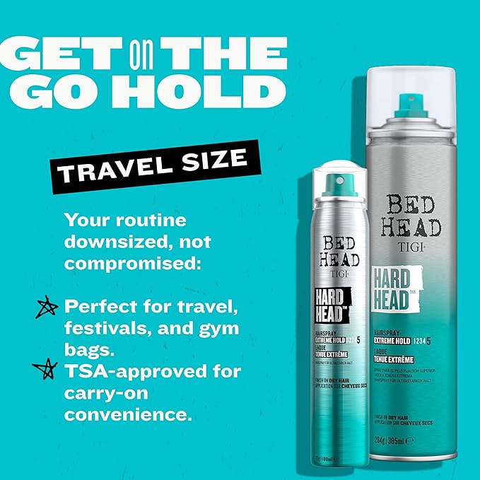 TIGI Bed Head Hard Head Hair Spray, Travel Size, Extra Strong Hold for All Day Style and All Hair Types, 3 oz