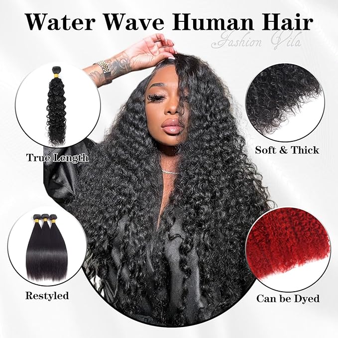 12A Water Wave 3 Bundles with 5x5 Lace Closure(18 20 22+16) 100% Unprocessed Brazilian Virgin Remy Hair Water Wave Human Hair Bundles with 5x5 HD Lace Closure Natural Color