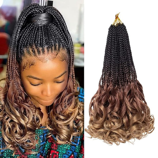 9 Packs French Curl Crochet Braids 14 Inch Goddess Box Braids with Bouncy Wavy Ends Crochet Hair Ombre Brown Honey Blonde Pre Looped Synthetic French Curly Braiding Hair for Women Kids