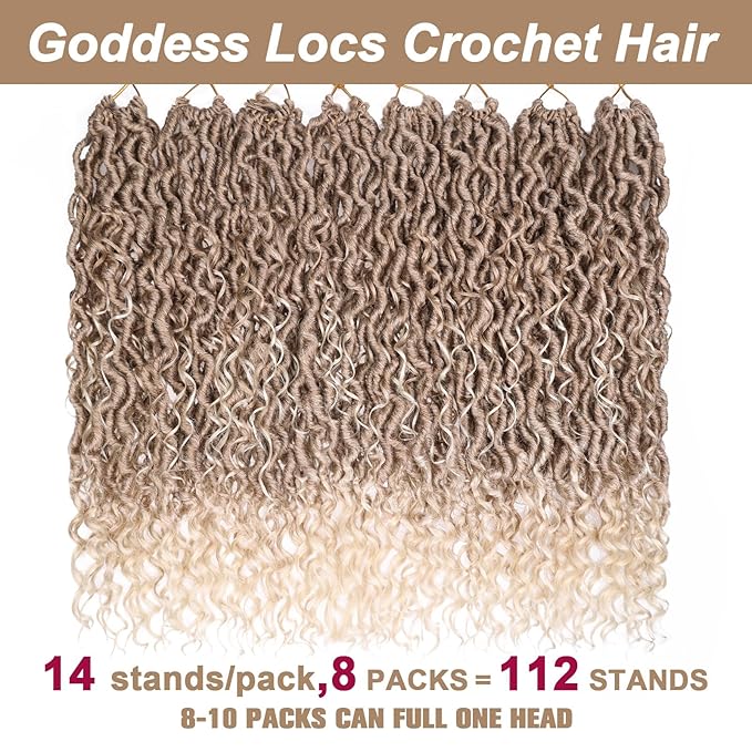 COOKOO 8 Packs Goddess Locs Crochet Hair with Curly Ends 18 Inch Mix Blonde Curly Faux Locs Crochet Braids for Black Women Hippie River Locs Hair Pre Looped Crochet Locs Hair Extensions 27/613#