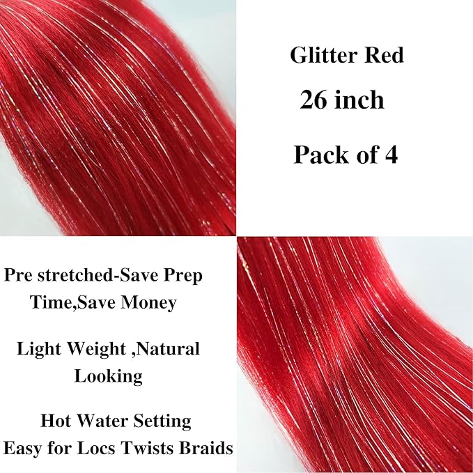 Red Tinsel Braiding Hair Pre stretched Glitter Tinsel Hair Prestretched Braiding Hair Sparkle Tinsel Ez Braid Braiding Hair