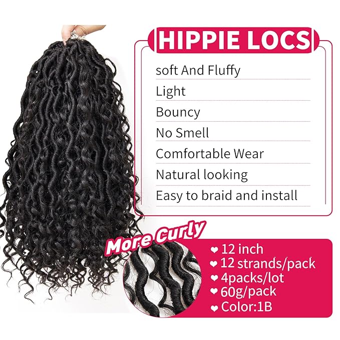 Goddess Locs Crochet Hair 12Inch Pre-looped Short River Locs Curly Faux locs Crochet Hair Hippie Locs Bohemian Locs Crochet Braids 4Packs(1B, 12inch)
